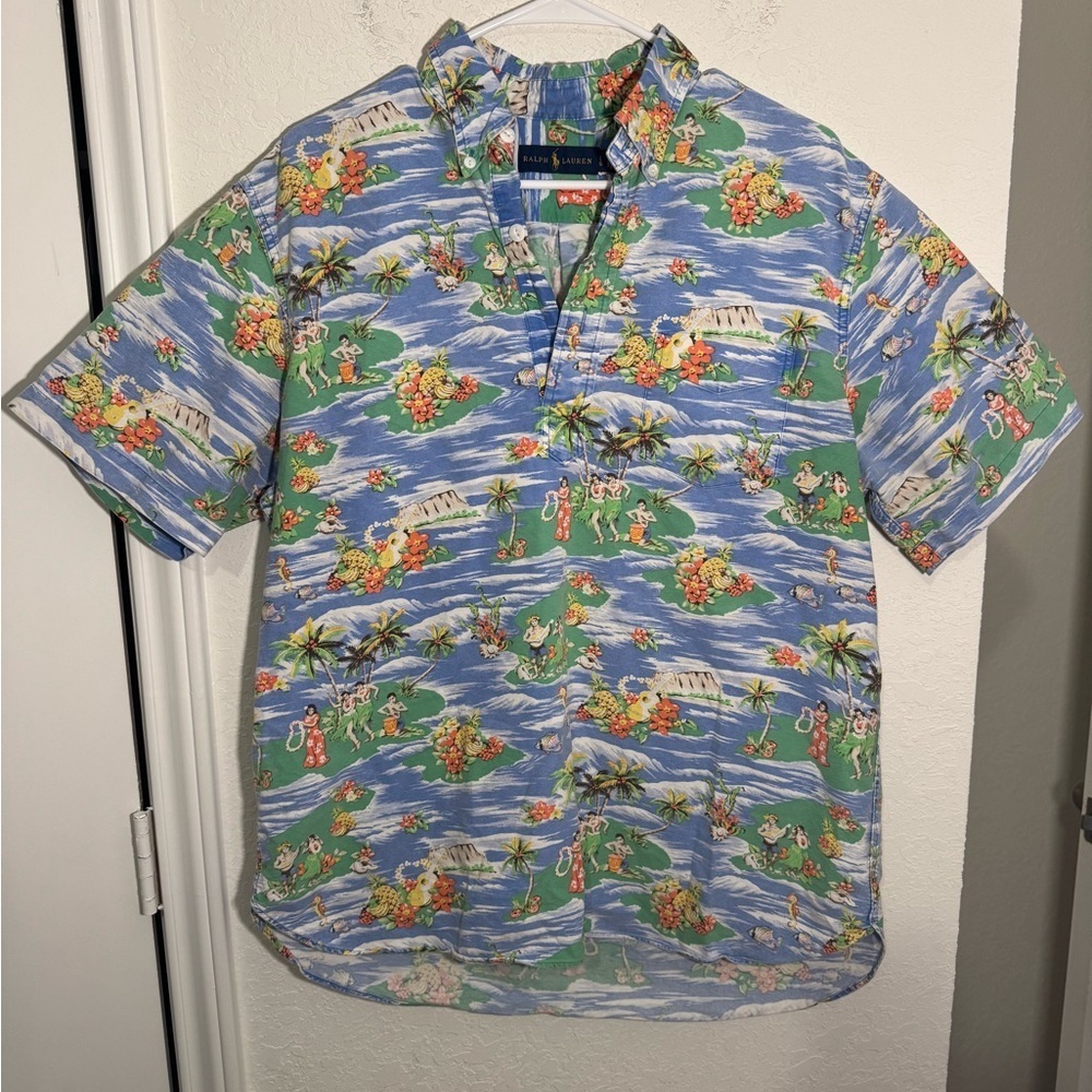 Ralph Lauren Hawaiian Quarter Button Pullover Mens Large Blue Aloha Vintage